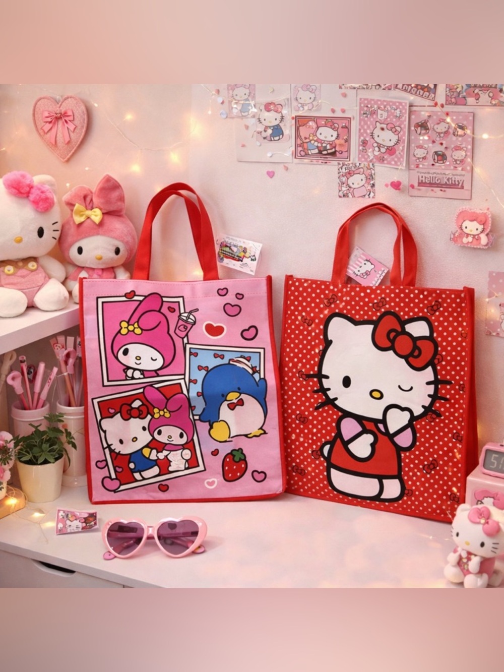 Hello Kitty & Friends Reusable Shopping Bags Set of 2 NWT Pink Tote 15” x 13.5”